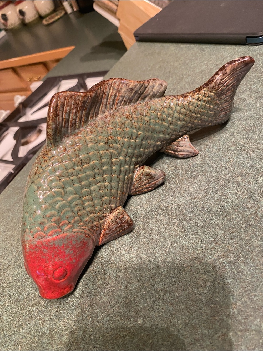 Decorative Ceramic Koi Fish Statue - Green with Red Head Vintage